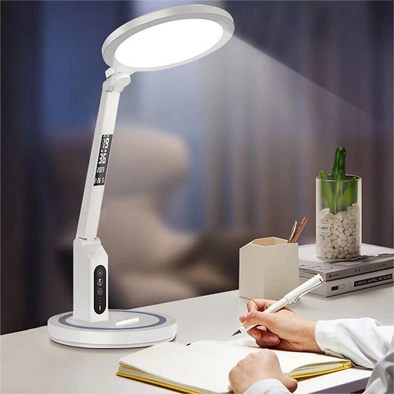 LED Desk Lamp Clock Table Lamp, USB Chargeable Dimmable Desk Lamp Plug-in LED Light Foldable Eye Protection Reading Night Light Dimmable Study table Lamp for Home Study Reading Night Light