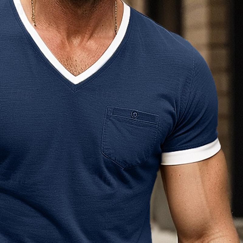 Men's V Neck Tee Short Sleeve Shirt Tee Top Short Sleeve V Neck Summer Patchwork Vintage Daily Sports & Outdoors Patchwork Pocket Outdoor Street Causal Army Green Black Dark Blue Top Tee for Men3