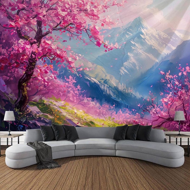 Cherry Blossom Landscape Hanging Tapestry Wall Art Large Tapestry Mural Decor Photograph Backdrop Blanket Curtain Home Bedroom Living Room Decoration4