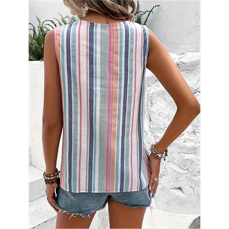 Women's Camisole Tank Top Casual Striped Buttons Print Sleeveless Regular Tops V Neck Daily Pink Summer3