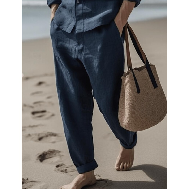 Men's Linen Pants Trousers Summer Pants Drawstring Elastic Waist Plain Comfort Soft Full Length Daily Going out Beach Fashion Simple Navy Blue Sky Blue Micro-elastic4