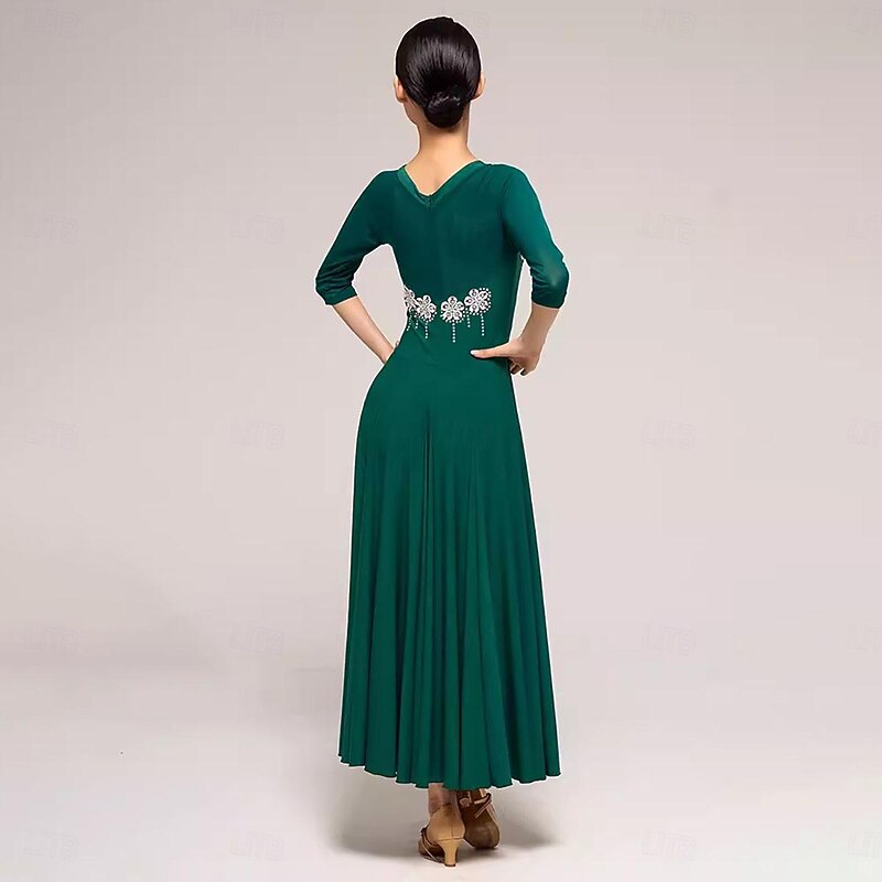 Ballroom Dance Dress Rhinestone Pure Color Splicing Women's Performance Party 3/4 Length Sleeve Crystal Cotton2