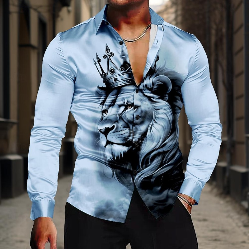 Men's Lion King Shirt Button Up Shirt Long Sleeve Casual Formal Summer Spring Fall Turndown Buttons Print White Yellow Blue Gray2