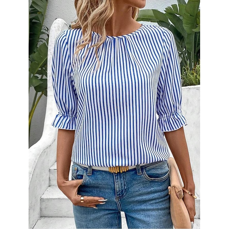 Women's Blouse Dressy Tops Striped Elegant Bohemia Half Sleeve Crew Neck Work Ruffle Buttons Blue Summer2