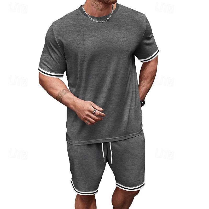 Men's T-shirt Suits 2 Pieces Outfits Tee & Shorts Short Sleeve Crew Neck Summer Color Block Fashion Casual 2 Piece Vacation Daily Wear Going out Black Red Navy Blue Top Tee for Men