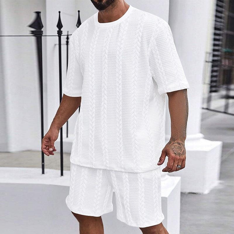 Men's T-shirt Suits 2 Pieces Outfits Tee & Shorts Short Sleeve Crew Neck Summer Plain Fashion Casual 2 Piece Vacation Daily Wear Going out Black White khaki Top Tee for Men