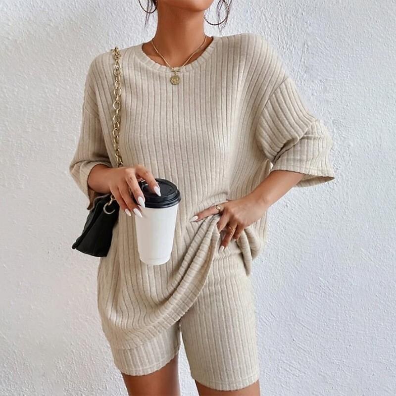 Set Women's Red Green Beige Plain 2 Piece Street Daily Fashion Round Neck Regular Fit S