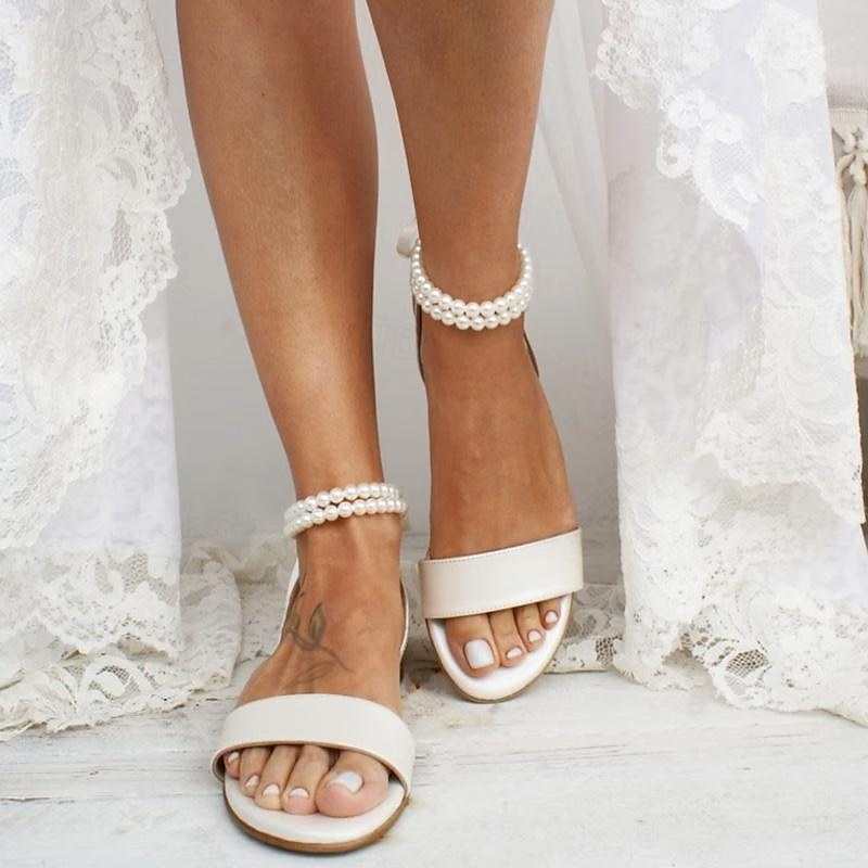 Women's White Flat Sandals – Pearl Ankle Strap with Ribbon Tie, Elegant Bridal Shoes for Weddings and Special Occasions - Main Image