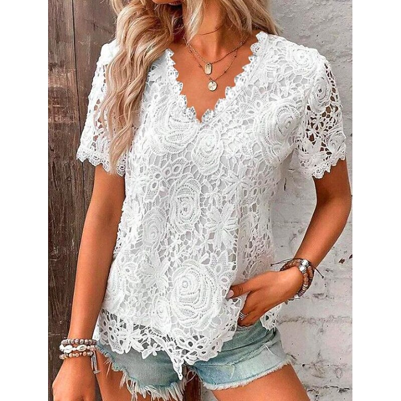 T shirt Tee Dressy Tops Women's Black White Red Plain Lace Street Daily Fashion V Neck Regular Fit S3