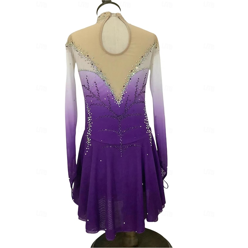 Figure Skating Dress Women's Girls' Ice Skating Dress Purple Fuchsia Dark Blue Patchwork Thumbhole Mesh Spandex Stretchy Training Practice Professional Skating Wear Thermal Warm Classic Crystal2