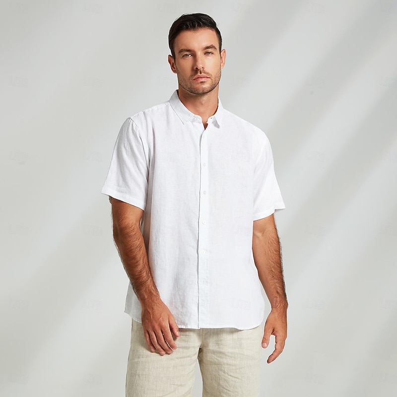 Men's 100% Linen Shirt Casual Shirt Button Down Shirt White Short Sleeve Solid Color Turndown Outdoor Button Clothing Apparel Vacation Daily2