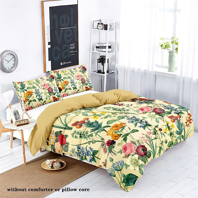 Retro Painted Floral Print 3-Piece Duvet Cover Set for Summer Soft Skin Friendly Long Lasting for Hotel Bedroom Guest Room Bedding Comfy Set2