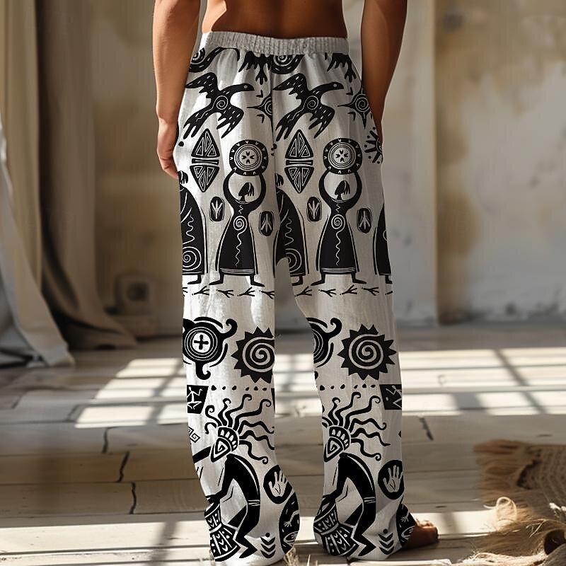 Men's Print Casual Pants Mid Waist Hawaiian Ethnic Style Holiday Straight Leg Summer Spring 3D Print Black Brown Green2