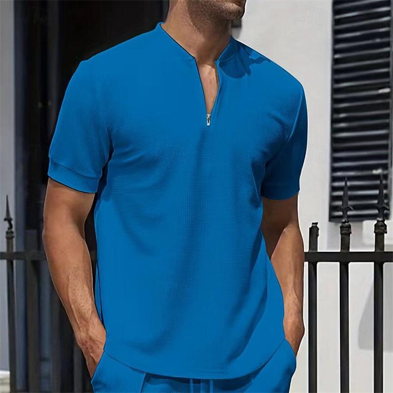 Men's Waffle Polo Shirt Quarter Zip Polo Daily Holiday Quarter Zip Short Sleeve Fashion Basic Plain Spring & Summer Regular Fit Black White Royal Blue Light Grey Apricot Waffle Polo Shirt4