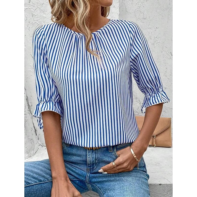 Women's Blouse Dressy Tops Striped Elegant Bohemia Half Sleeve Crew Neck Work Ruffle Buttons Blue Summer4