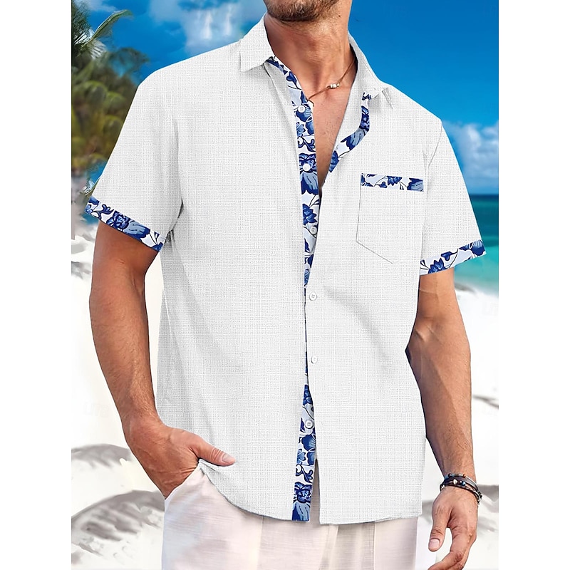 Men's Linen Shirt Summer Shirt Beach Wear Casual Shirt Button Up Shirt Plain Vacation Curise Black White Pink Blue Short Sleeve Lapel Spring & Summer Clothing Apparel Front Pocket2