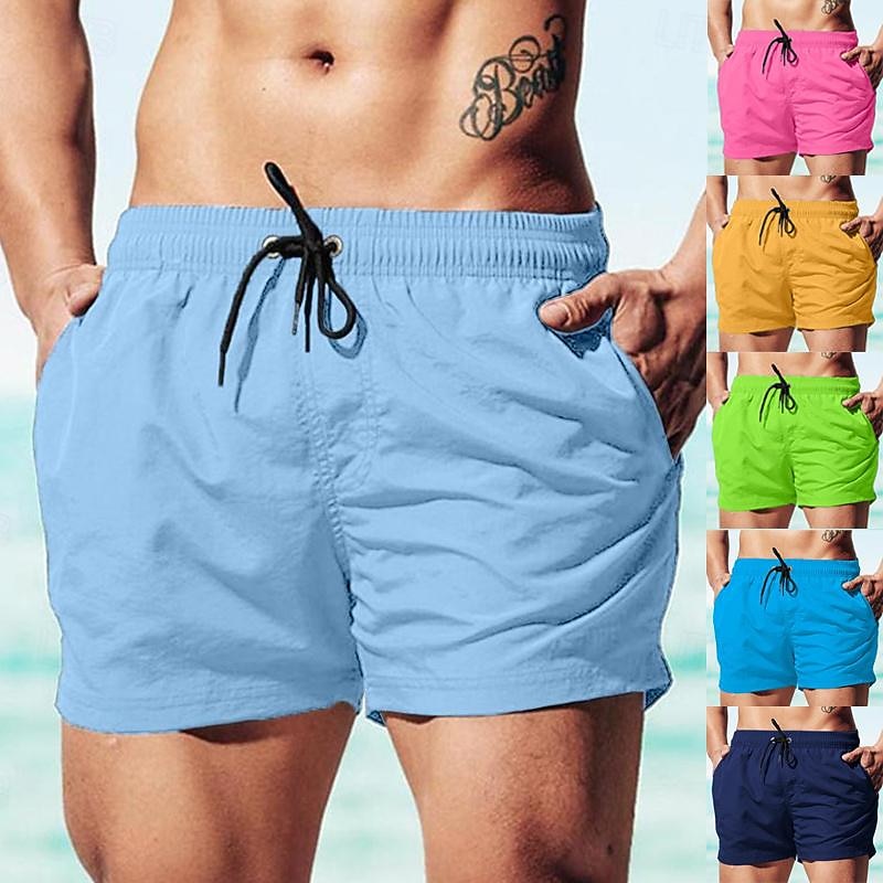 Men's Board Shorts Swim Shorts Swim Trunks Drawstring Elastic Waist Plain Comfort Quick Dry Short Holiday Beach Weekend Fashion Casual Watermelon Red Grass Green Micro-elastic