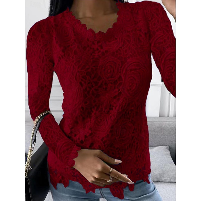 Shirt Blouse Dressy Tops Women's White Pink Wine Plain Lace Street Daily Fashion Round Neck Regular Fit S4