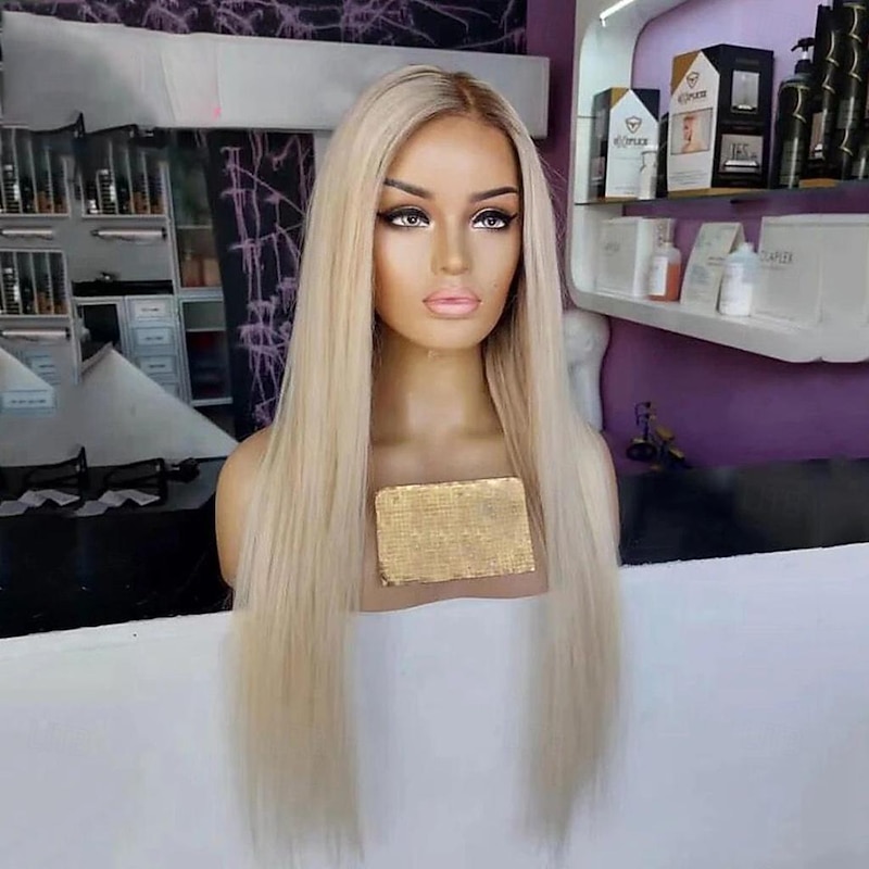 Ash Blonde Straight Remy Human Hair Lace Front Wig Preplucked Brazilian Virgin Hair  Colored Ombre Lace Front Human Hair Wigs with Baby Hair for Women4