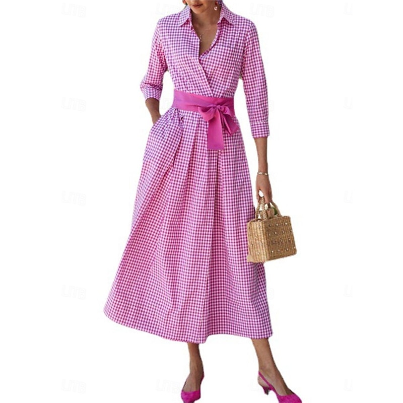 Women's Shirt Dress Casual Dress Maxi long Dress Date Vacation Modern Casual Shirt Collar Lace up Button Long Sleeve Summer Spring Regular Fit Plaid3