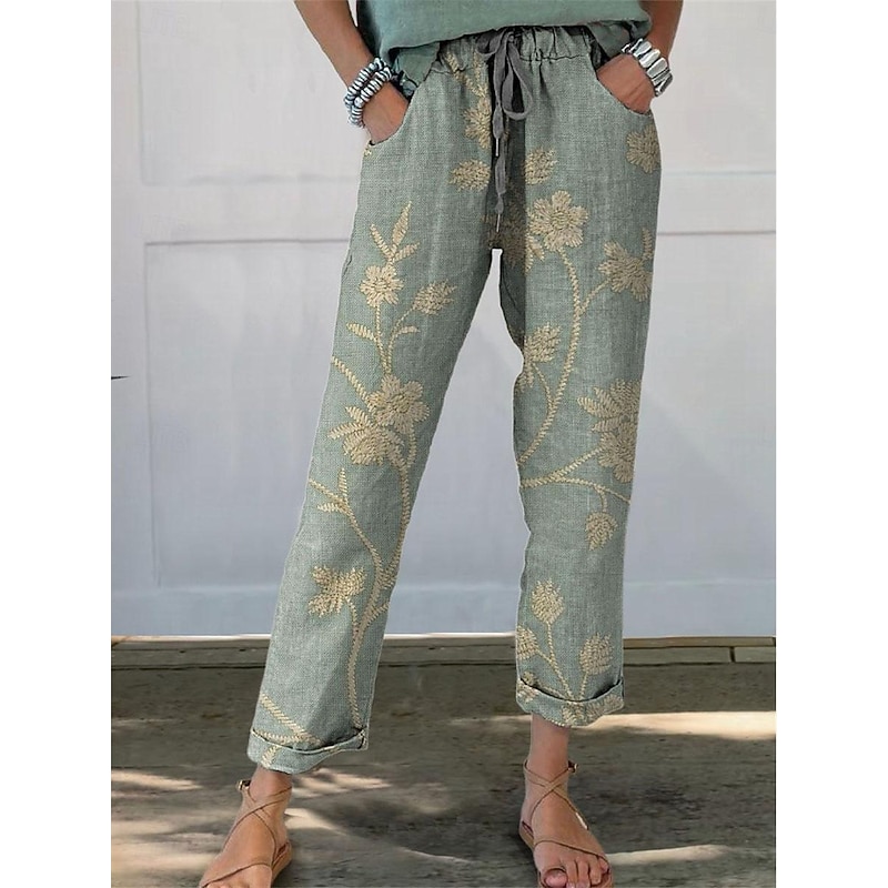 Women's Pants Trousers Straight Streetwear Casual Long High Waist Floral Pocket Printing Elastic Drawstring Design Breathability Soft Micro-elastic Vacation Street Daily Wear White Blue Green Gray