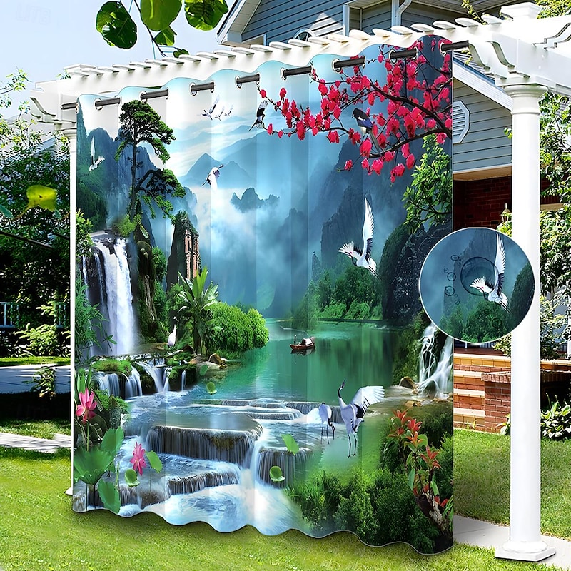 Waterproof Outdoor Curtain Privacy, Sliding Patio Curtain Drapes, Pergola Curtains Grommet Chinese Landscape For Gazebo, Balcony, Porch, Party, 1 Panel4