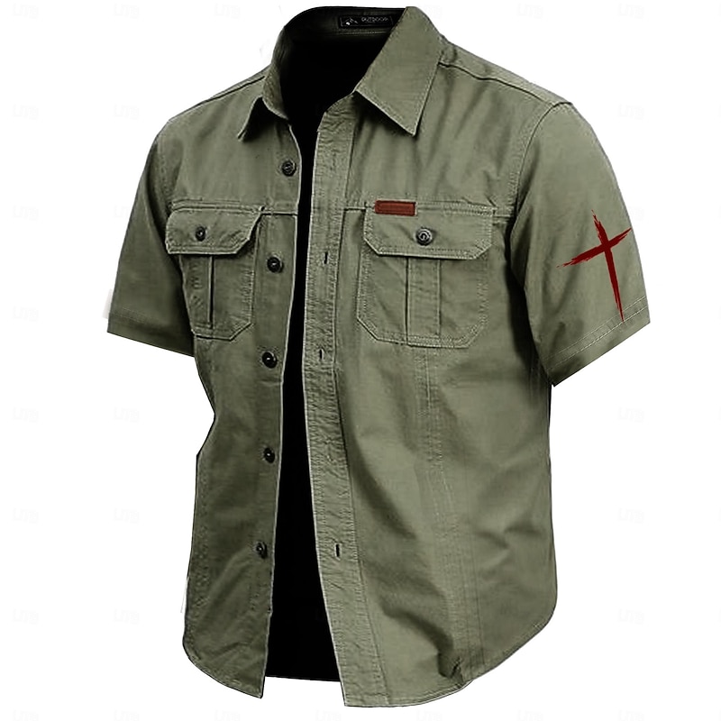 Men's Cross Work Shirt Western Shirt Cargo Shirt Short Sleeve Casual Tactical Sports & Outdoor Going out Summer Spring Turndown Print Army Green Khaki Dark Blue Beige