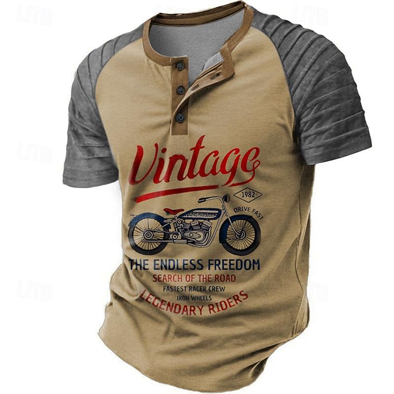Men's Motorcycle T shirt Short Sleeve 3D Print Retro Vintage Party Street Summer Spring Brown Green Henley Collar Henley T-Shirt