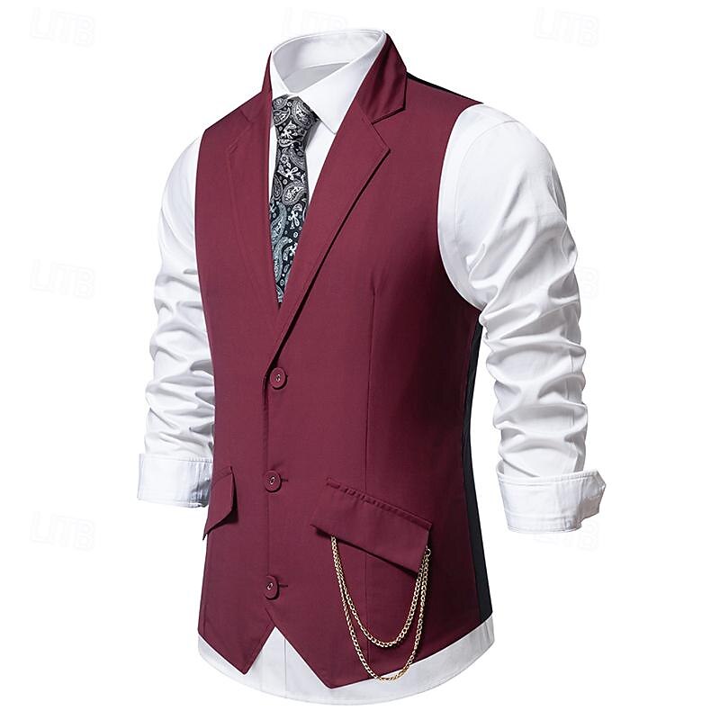 Men's Vest Gilet Daily Wear Vacation Going out Vintage Fashion Spring &  Fall Button Polyester Comfortable Plain Single Breasted Lapel Regular Fit Black Burgundy Dark Navy Vest3