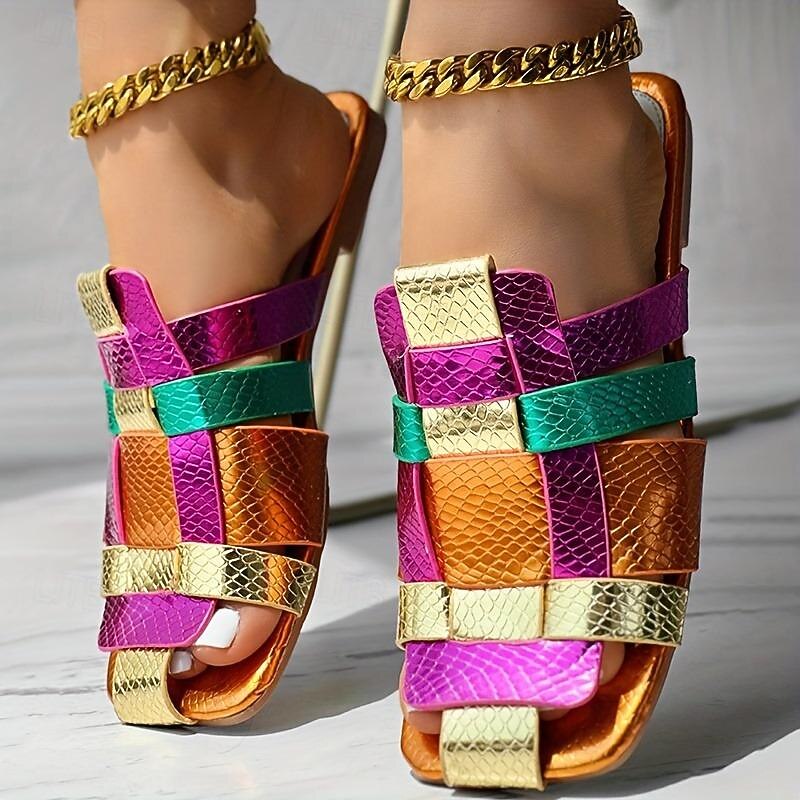 Women's Colorful Metallic Strappy Sandals – Vibrant Snake Print Slip-On Flats for Casual Summer and Festival Wear2