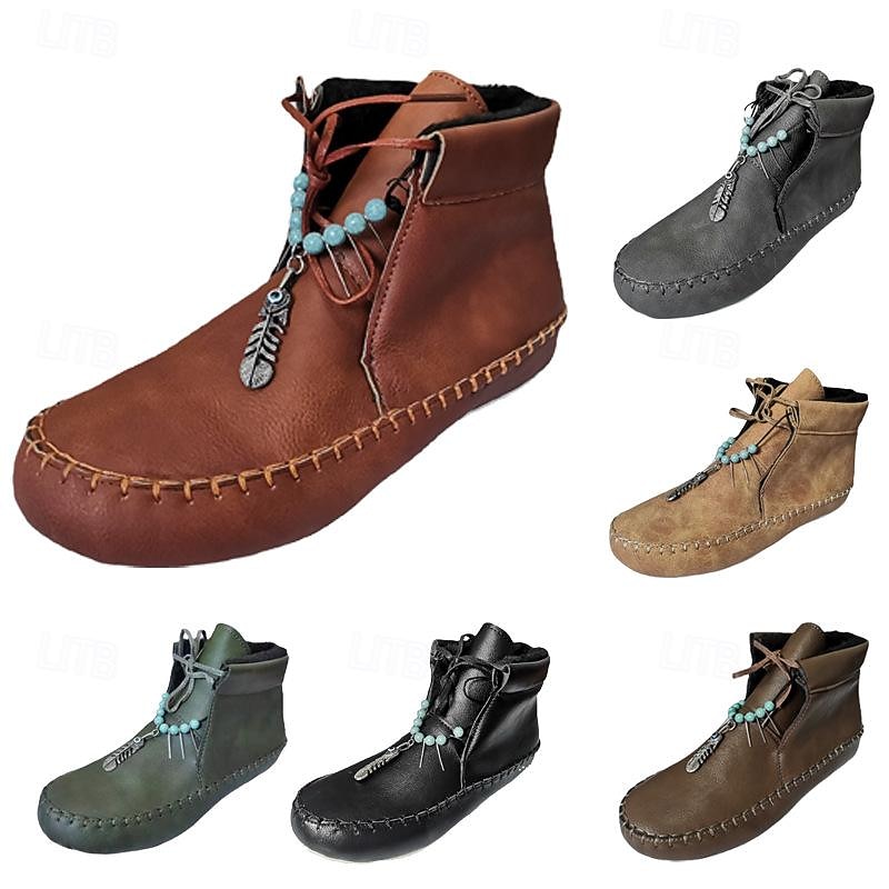 Women's Faux Leather Moccasin Ankle Boots with Feather and Bead Detail, Comfortable Slip-On Casual Shoes for Outdoor and Everyday Wear2