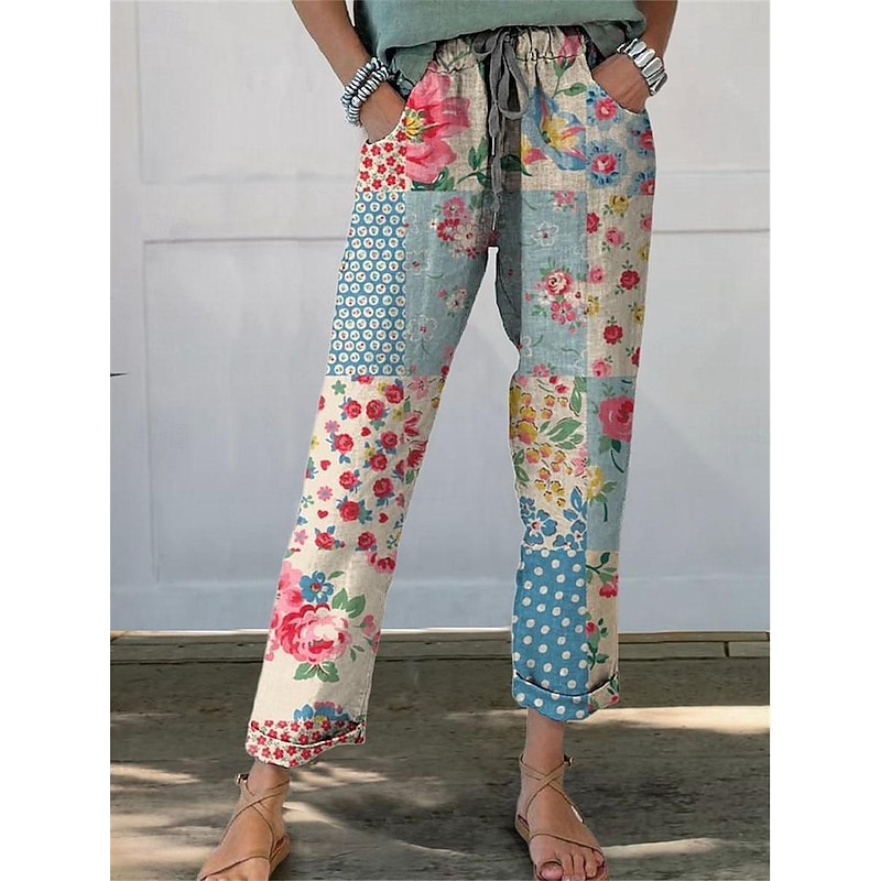 Women's Pants Trousers Straight Streetwear Casual Long High Waist Floral Pocket Printing Elastic Drawstring Design Breathability Soft Micro-elastic Vacation Street Daily Wear White Blue Green Gray4