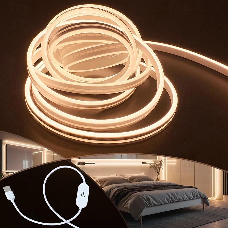 1pc 1-5M/3.28FT-16.4FT, LED, Warm White Neon, Touch Control Switch, 5V Safe Voltage, USB Powered, Cutting Flexible Neon Strip Light, Ambience Creation, For Indoor/Outdoor Decorations, Pathway Lights,