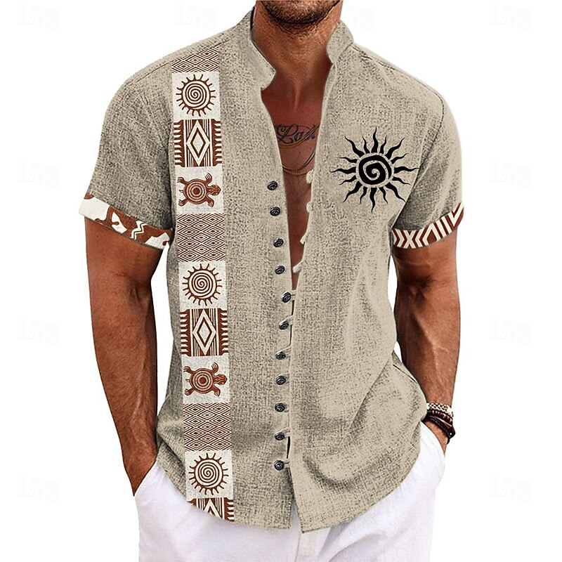 Men's Ethnic Shirt Button Up Shirt Short Sleeve Casual Tribal Vacation Daily Summer Spring Grandad Collar Band Collar Buttons Print Green Khaki Apricot Beige
