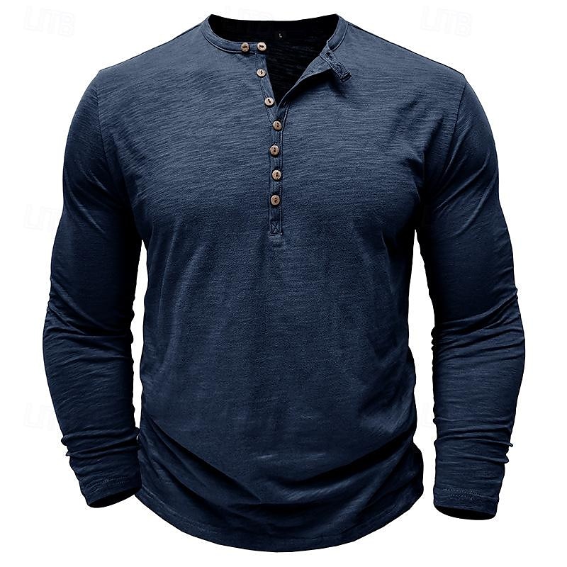100% Cotton Men's Henley Shirt Tee Top Long Sleeve Shirt Long Sleeve Solid Color Fashion Daily Buttons Henley Outdoor Casual Summer Dark Brown Dark Grey Black Henley T-Shirt3