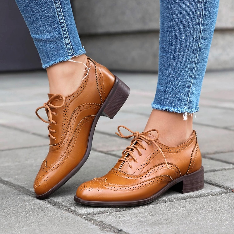 Women's Brown Faux Leather Brogue Oxford Shoes - Lace-Up Vintage Style Flats with Wingtip Detailing for Casual or Formal Wear3