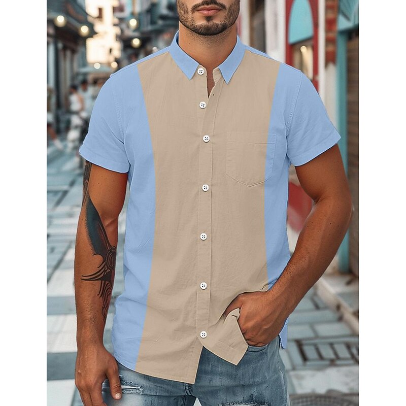 Men's Shirt Summer Shirt Button Up Shirt Casual Shirt Bowling Shirt Black Dark Navy Blue Short Sleeve Color Block Collar Daily Vacation Clothing Apparel Cotton Blend Fashion Casual Comfortable3