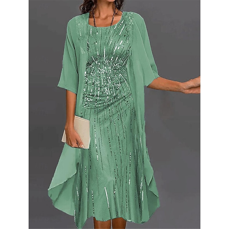Women's Dress Set Chiffon Dress Tulle Dress Formal Geometric Print Midi Dress Half Sleeve Crew Neck Party Wedding Guest Pink Blue Green Summer Fall Regular Fit3