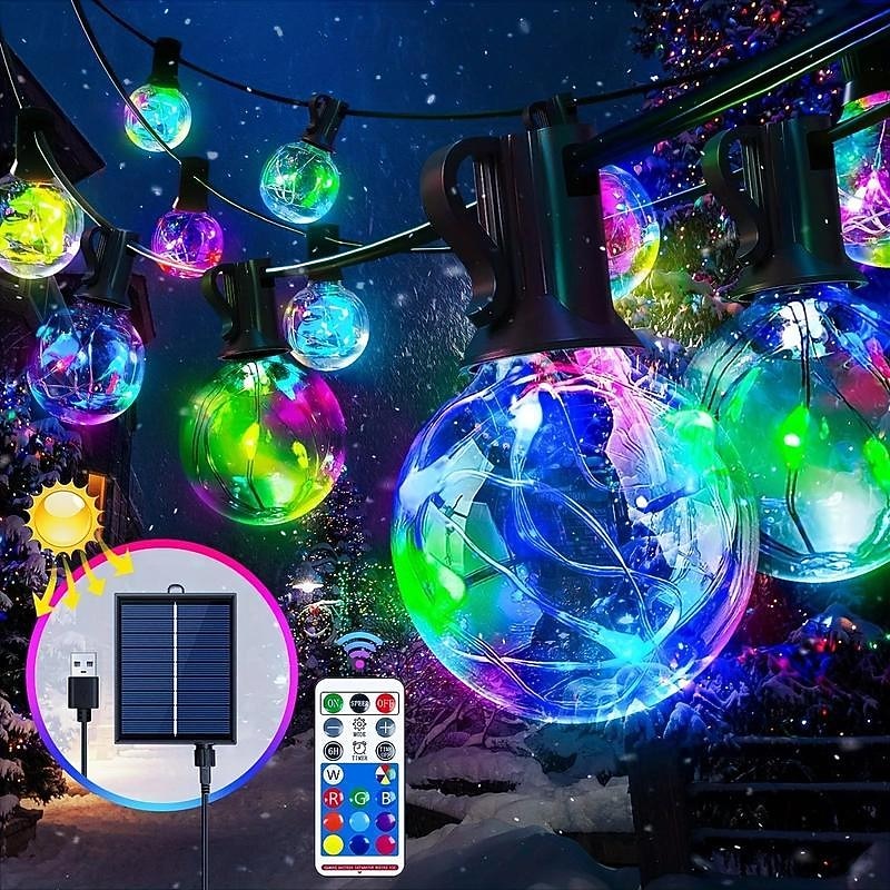 G40 Solar String Lights, Outdoor Waterproof Colorful String Light with Remote Control for Christmas Courtyard Garden Wedding Festival Decoration Light String
