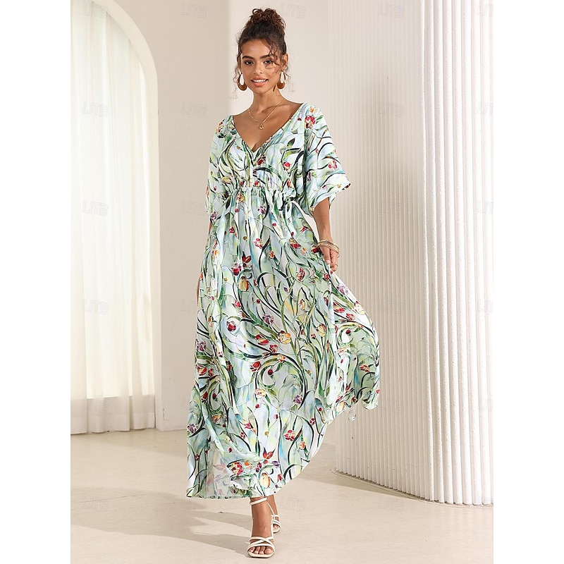 Women's Midi Dress Swing Dress A Line Dress Summer Dress Elegant Bohemia Tropical Flutter Sleeve Vacation Daily Date Loose Fit Floral Short Sleeve V Neck Blue Green Summer3
