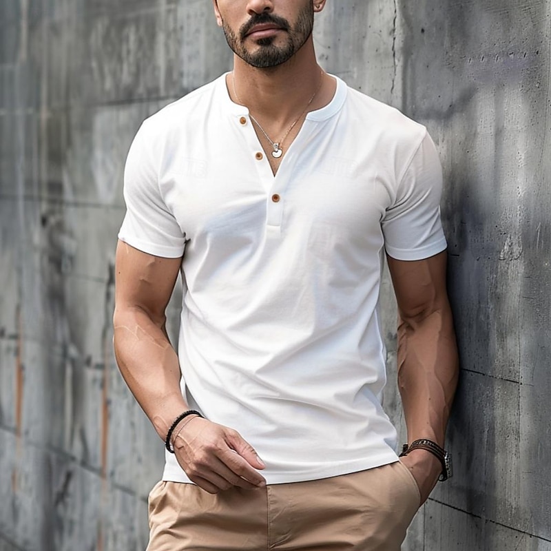 Men's T shirt Tee Henley Shirt Plain Henley Casual Holiday Short Sleeve Clothing Apparel Fashion Lightweight Muscle Big and Tall2