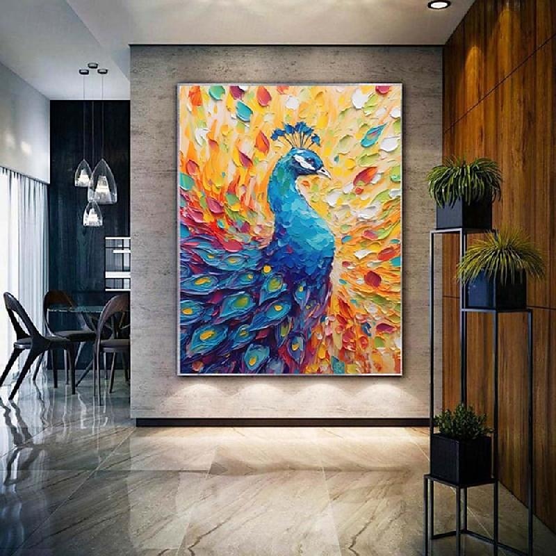 Peacock Painting Bird Art oil painting handmade Colorful Peacock Impasto Artwork Bright Oil painting Wall Art Palette knife Bright Bird 3D Textured Art painting for bedroom office decoration4