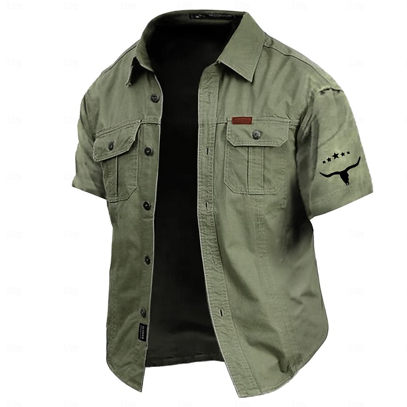 Men's Cow Print Work Shirt Western Shirt Cargo Shirt Short Sleeve Casual Tactical Sports & Outdoor Going out Summer Spring Turndown Print Army Green Khaki Dark Blue4