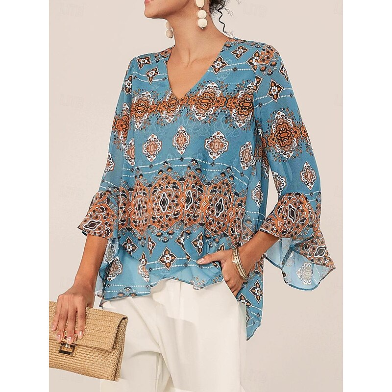 Women's Blouse Graphic Elegant 3/4 Length Sleeve Bell Sleeve V Neck Regular Tops Work Ruffle Blue Summer Spring Fall