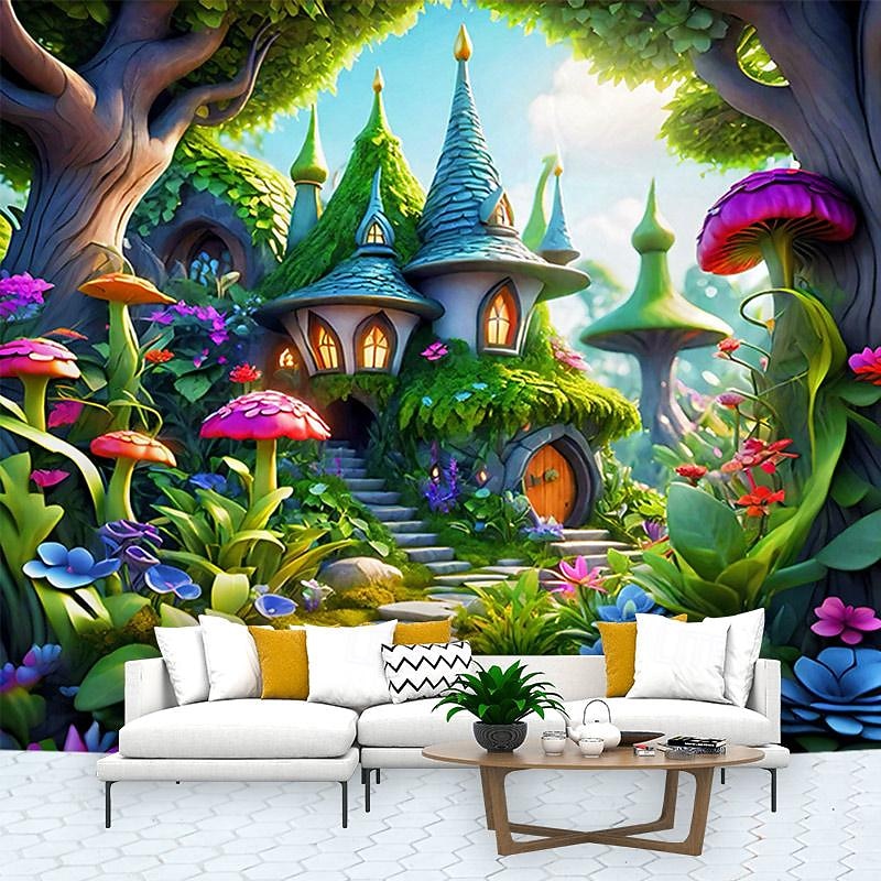 Fantasy Mushroom House Hanging Tapestry Wall Art Large Tapestry Mural Decor Photograph Backdrop Blanket Curtain Home Bedroom Living Room Decoration