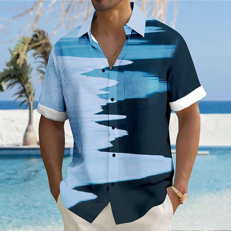 Men's Ocean Waves Seascape Pattern Summer Hawaiian Shirt Aloha Shirt Short Sleeves Shirt Turndown Hawaiian Resort Outdoor Vacation Street White Blue S M L4
