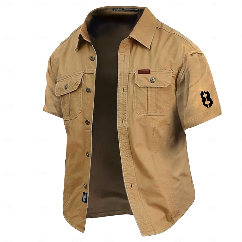 Men's Letter Printed Work Shirt Western Shirt Cargo Shirt Short Sleeve Casual Tactical Sports & Outdoor Going out Summer Spring Turndown Print Army Green Khaki Dark Blue4
