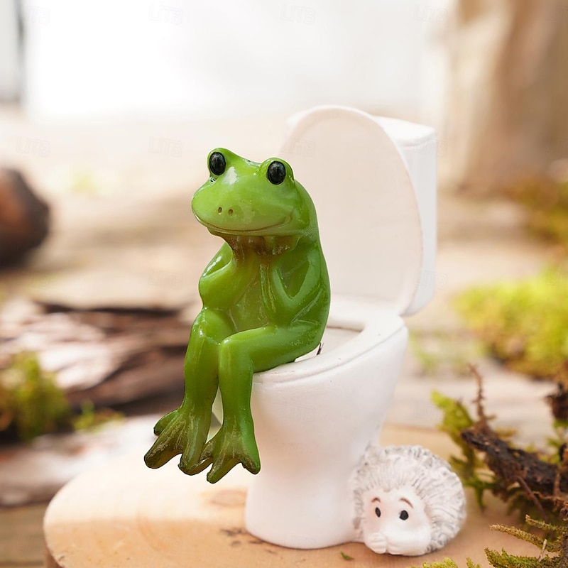 Adorable Green Frog on Toilet Resin Figurine - Decorative Garden, Balcony, and Micro Landscape Accessory for Potted Plants 2025 - $9.49