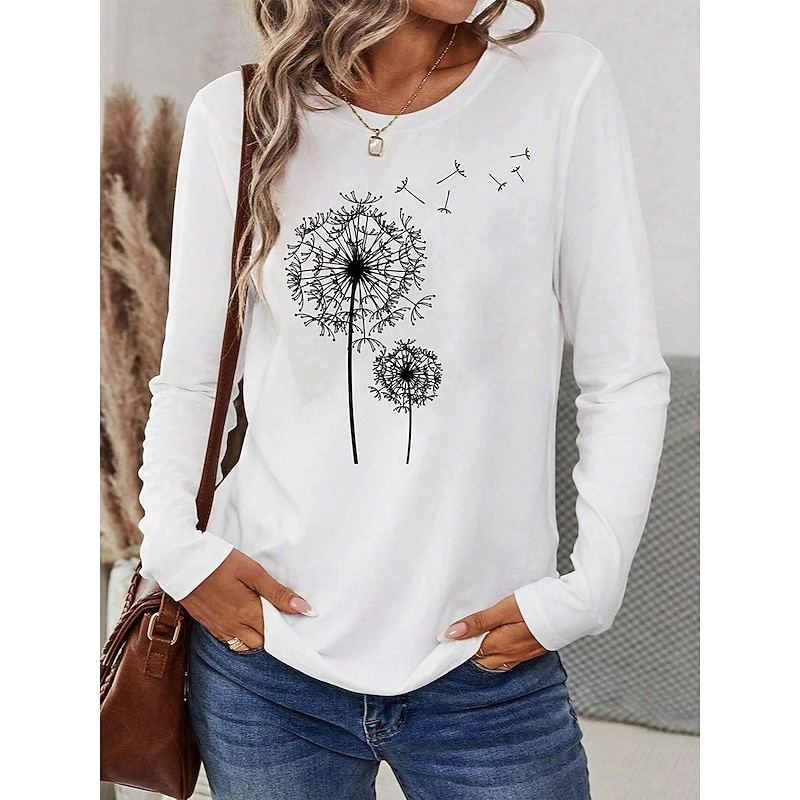 Women's T Shirt Dandelion Basic Casual Long Sleeve Crew Neck Regular Tops Daily Print White Spring &  Fall - Main Image