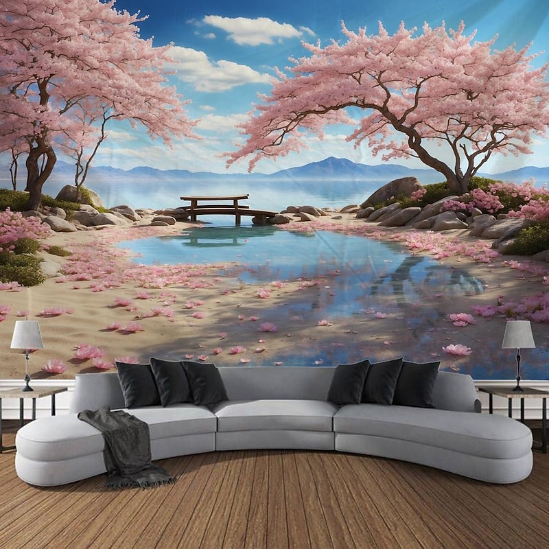 Cherry Blossom Landscape Hanging Tapestry Wall Art Large Tapestry Mural Decor Photograph Backdrop Blanket Curtain Home Bedroom Living Room Decoration3